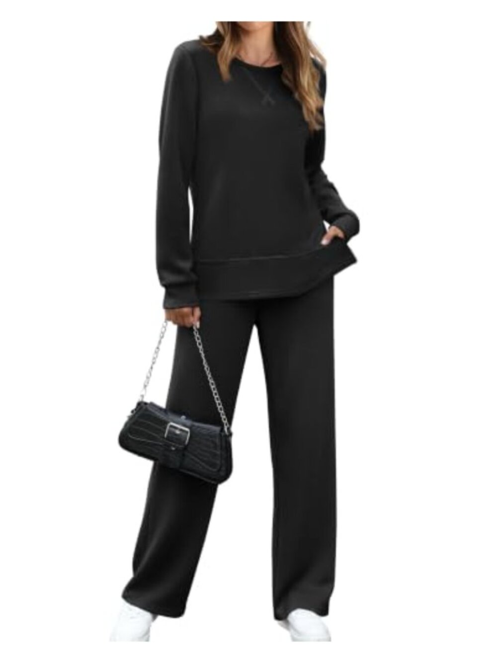 2 Piece Lounge Set Wide Leg Sweatsuit Side Slit Long Sleeve Comfy Travel Set